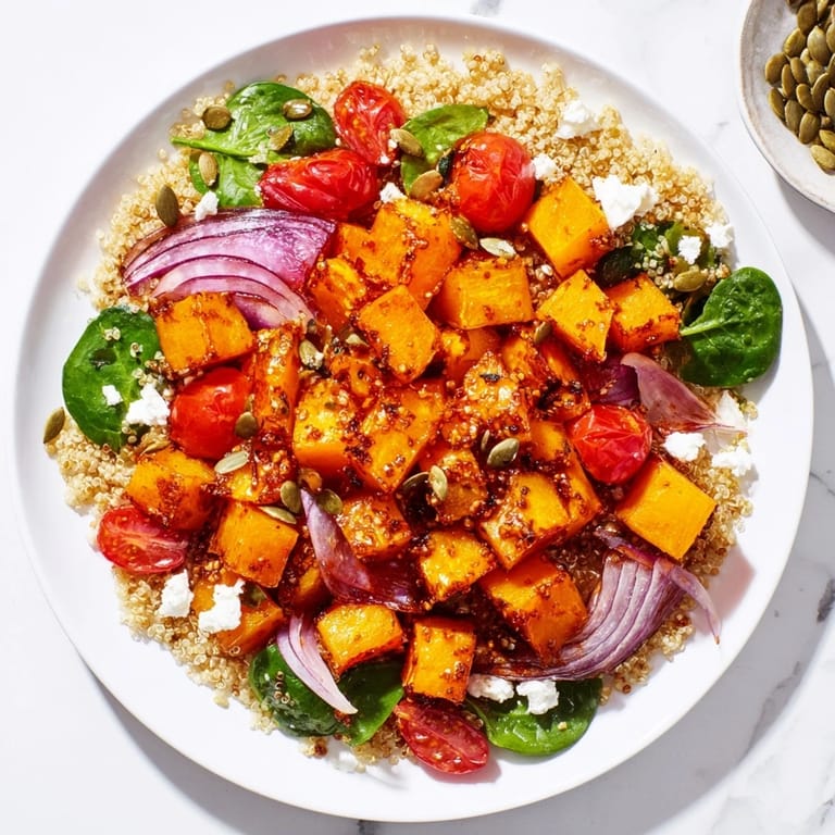 This Golden Honey-Roasted Butternut Squash Bowl shows perfectly roasted squash with a vibrant mix of quinoa and fresh toppings.