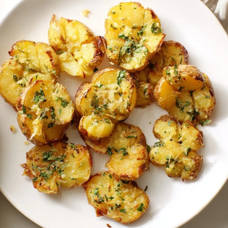 Fragrant garlic butter coats perfectly roasted smash potatoes, a delicious and easy side dish for any meal.
