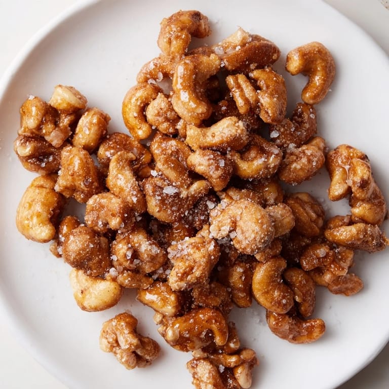 A close-up of glistening sweet and salty honey toasted cashews, freshly baked and sprinkled with sea salt.
