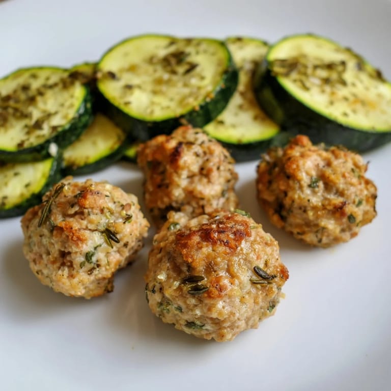 A close-up view of the sheet pan filled with tender turkey meatballs and zucchini, a complete and easy meal.