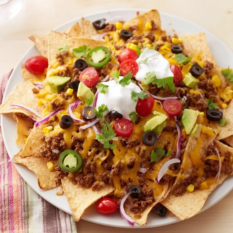 Golden, bubbly cheese blankets crispy tortilla chips in this picture of classic sheet pan beef nachos.