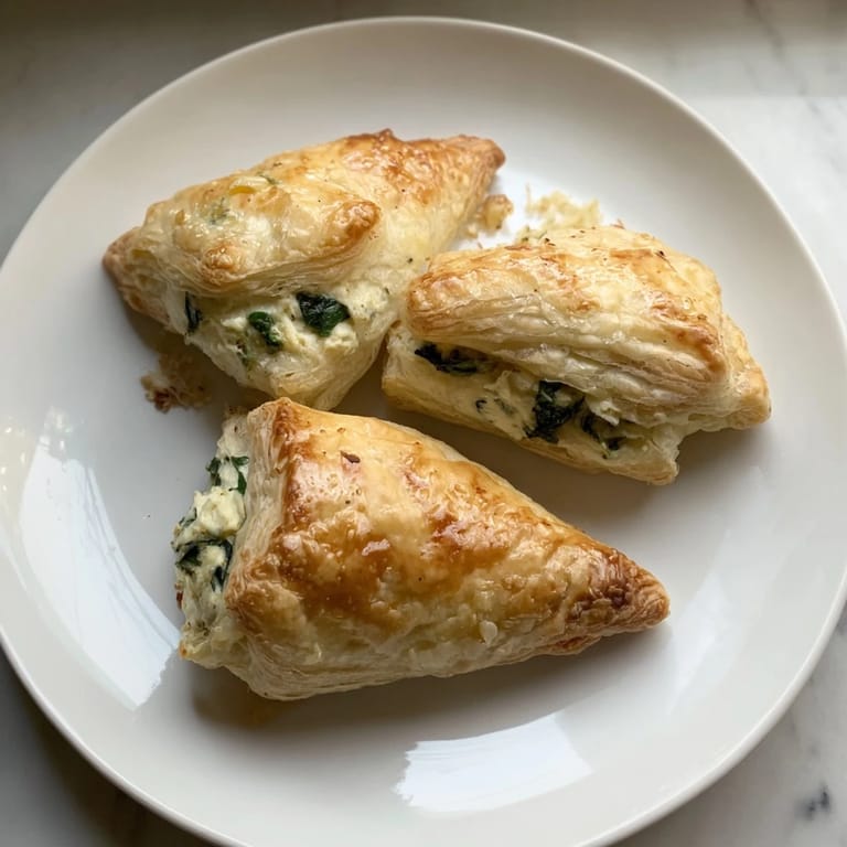Close-up of fluffy Savory Spinach and Ricotta Puff Pastry Triangles, ready to eat, with a rich, creamy filling.