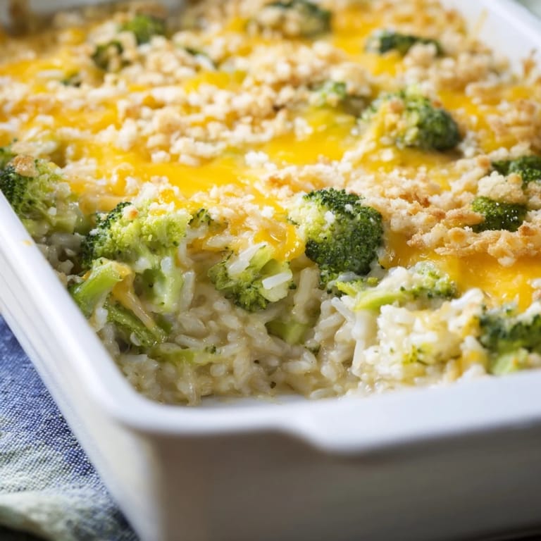 A close-up of a steaming cheesy broccoli and rice bake, with golden, toasted panko topping.