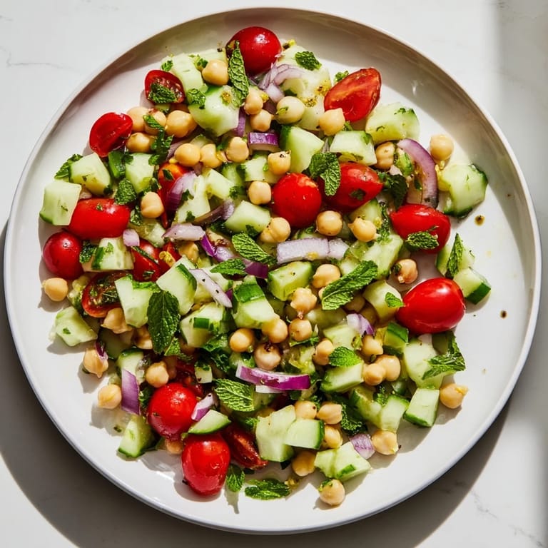 Refreshing Fresh Cucumber and Chickpea Salad with Lemon Mint, showcasing juicy tomatoes and flavorful chickpeas in a bowl.