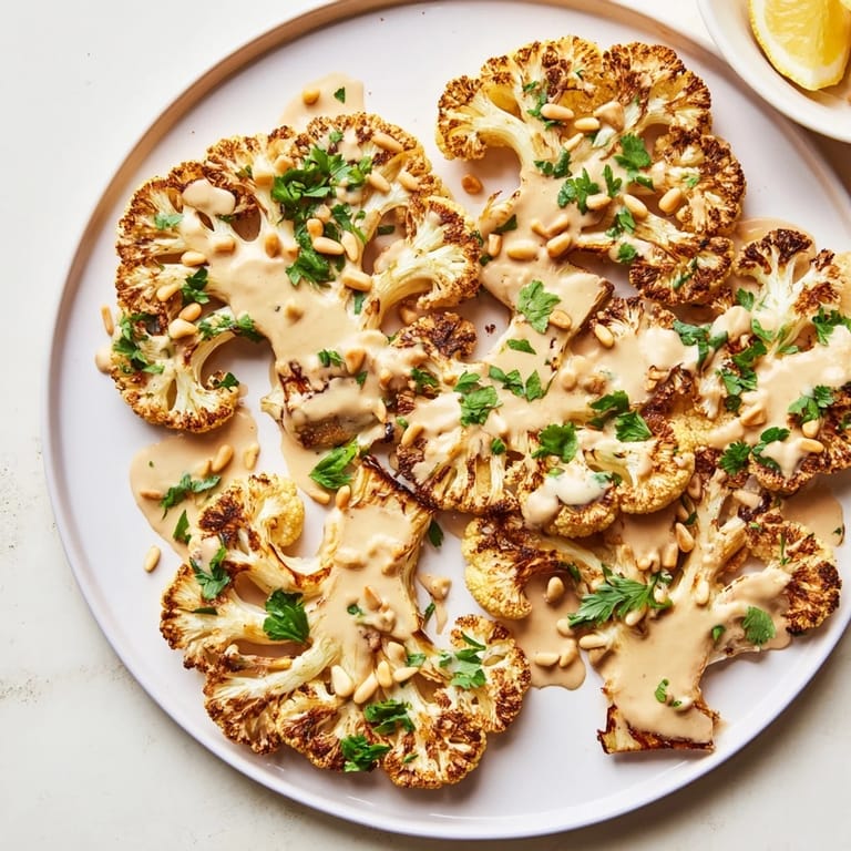 A close-up view of flavorful Roasted Cauliflower Steaks with a drizzling of tahini sauce.