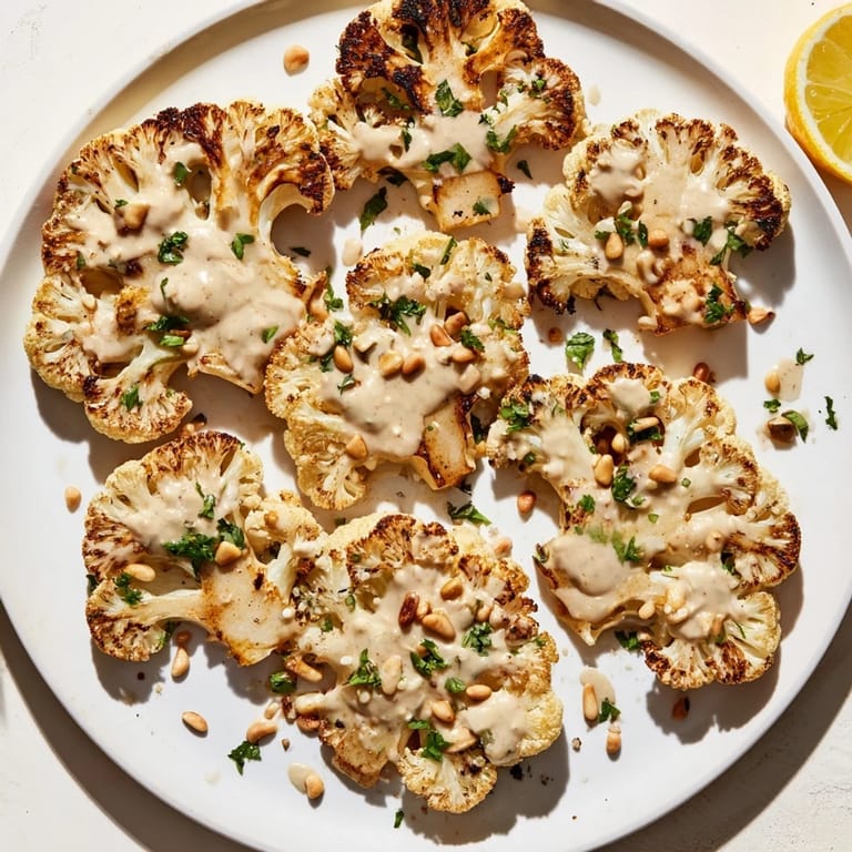 Tender, roasted cauliflower steaks, a delicious vegetarian meal complete with tahini and parsley.