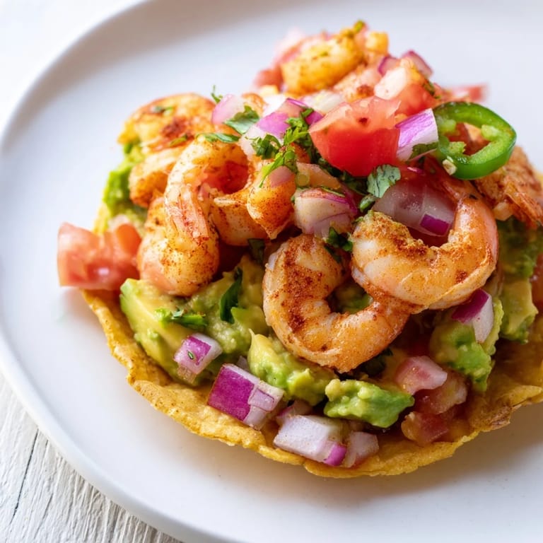 A flavorful plate of quick shrimp and avocado tostadas, served alongside fresh lime wedges, looks so tempting.