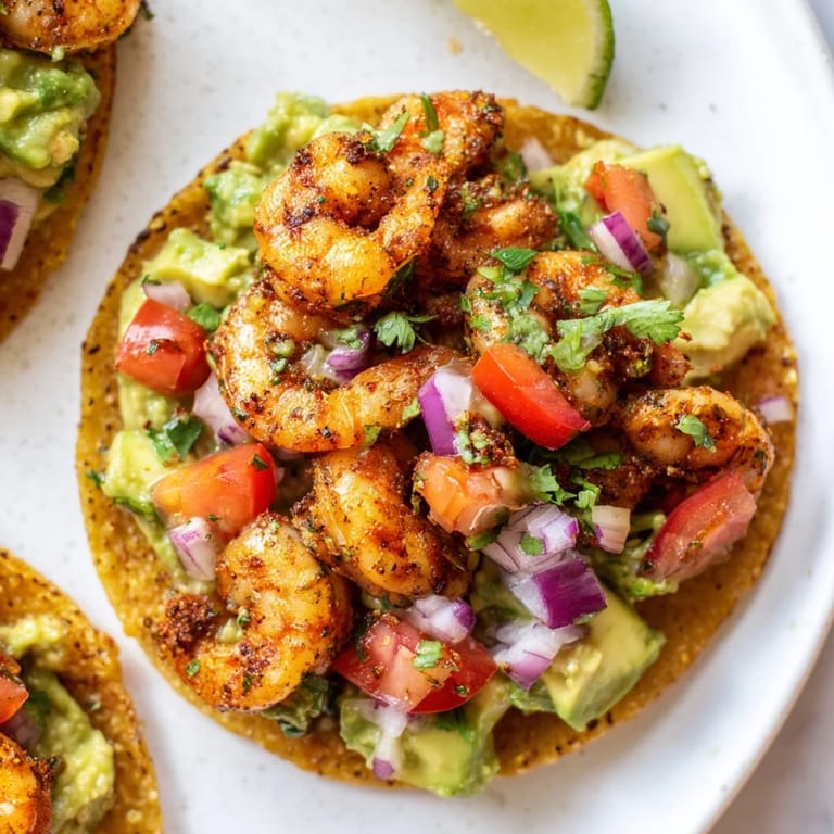 Golden-crisped tostadas topped with vibrant shrimp and creamy avocado, ready for a delicious, quick meal.