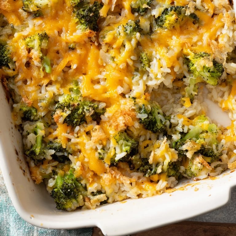 A close-up of a steaming cheesy broccoli and rice bake, with golden, toasted panko topping.