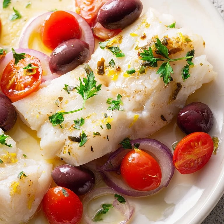 A flavorful close-up of tender one-tray baked cod with the bright colors of Mediterranean flavors.