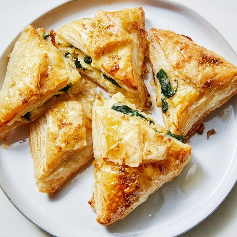 Close-up of fluffy Savory Spinach and Ricotta Puff Pastry Triangles, ready to eat, with a rich, creamy filling.