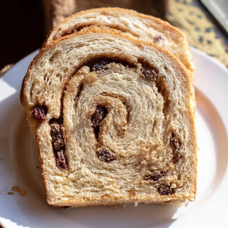 A close-up of a delightful loaf of Homemade Cinnamon Swirl Raisin Bread, showing the swirl.