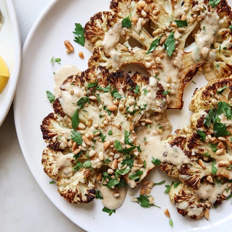 A close-up view of flavorful Roasted Cauliflower Steaks with a drizzling of tahini sauce.