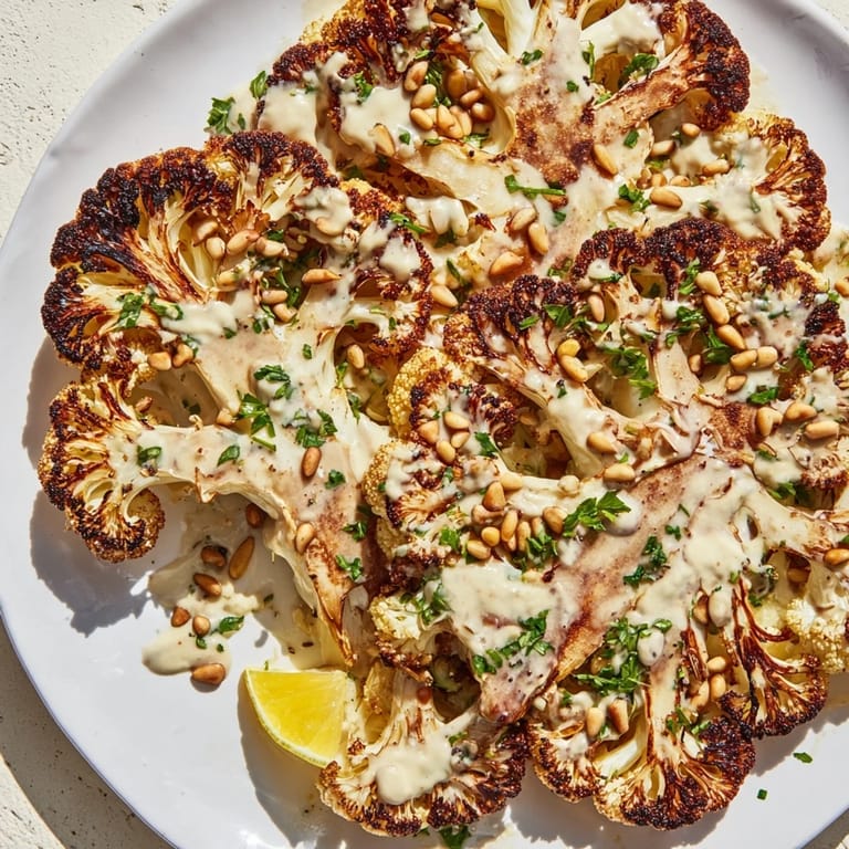 Tender, roasted cauliflower steaks, a delicious vegetarian meal complete with tahini and parsley.