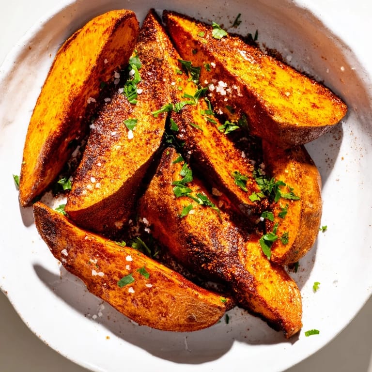 Hot, flavorful oven-baked sweet potato wedges, offering a satisfying crunch and simple preparation.