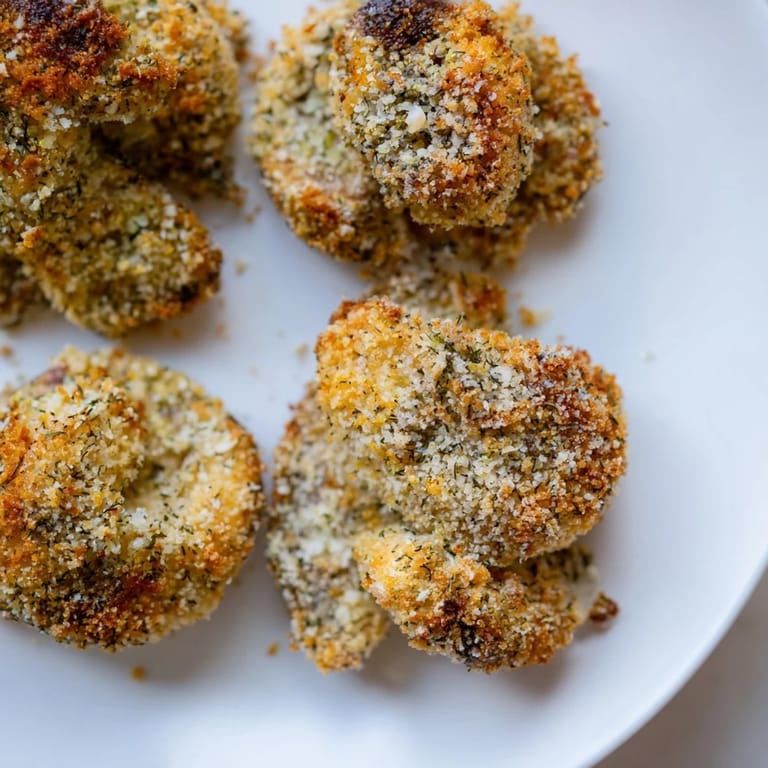 Oven-baked Ranch-Seasoned Crispy Mushrooms, perfectly browned and seasoned, a delicious vegetarian snack.