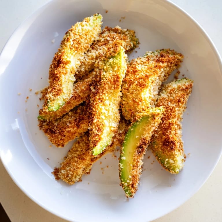 The image highlights the delicious appeal of the crispy baked avocado fries served with your favorite dipping sauce.
