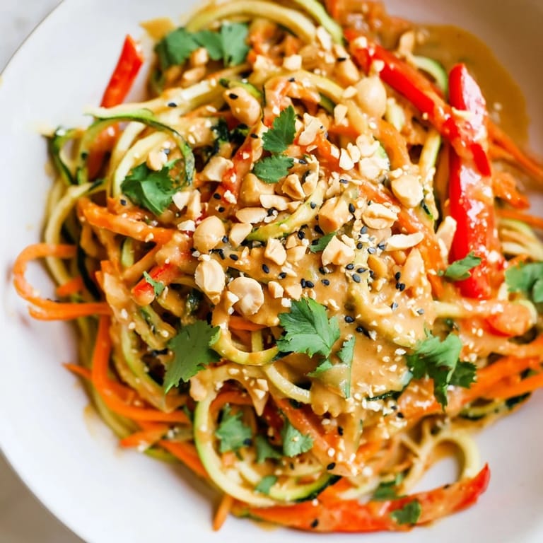 Fresh, healthy Zesty Peanut Zucchini Noodles, a beautiful cold salad ready to serve and enjoy.