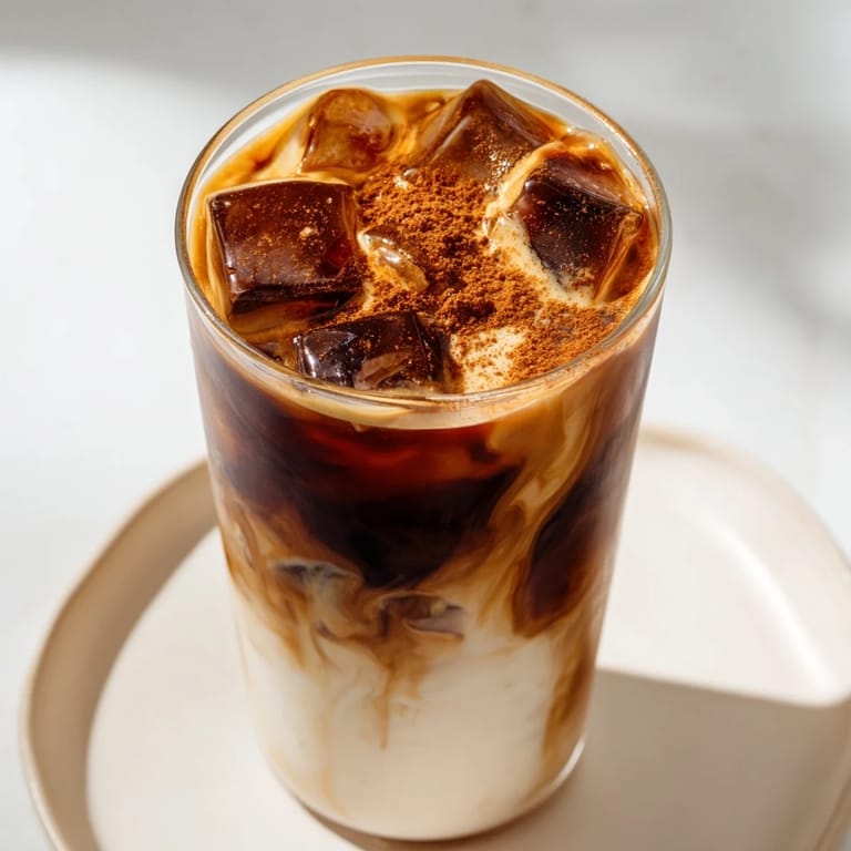 Cold, refreshing Brown Sugar Oat Latte, shaken espresso and creamy oat milk in a clear glass.