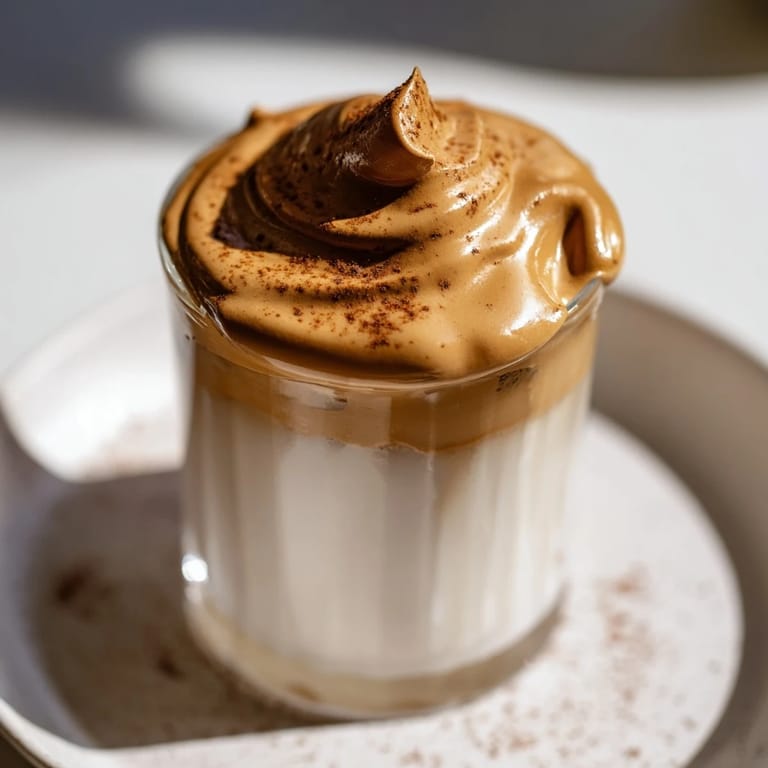 Homemade brown sugar Dalgona latte, featuring a cloud of whipped coffee on top, a delicious treat to enjoy.