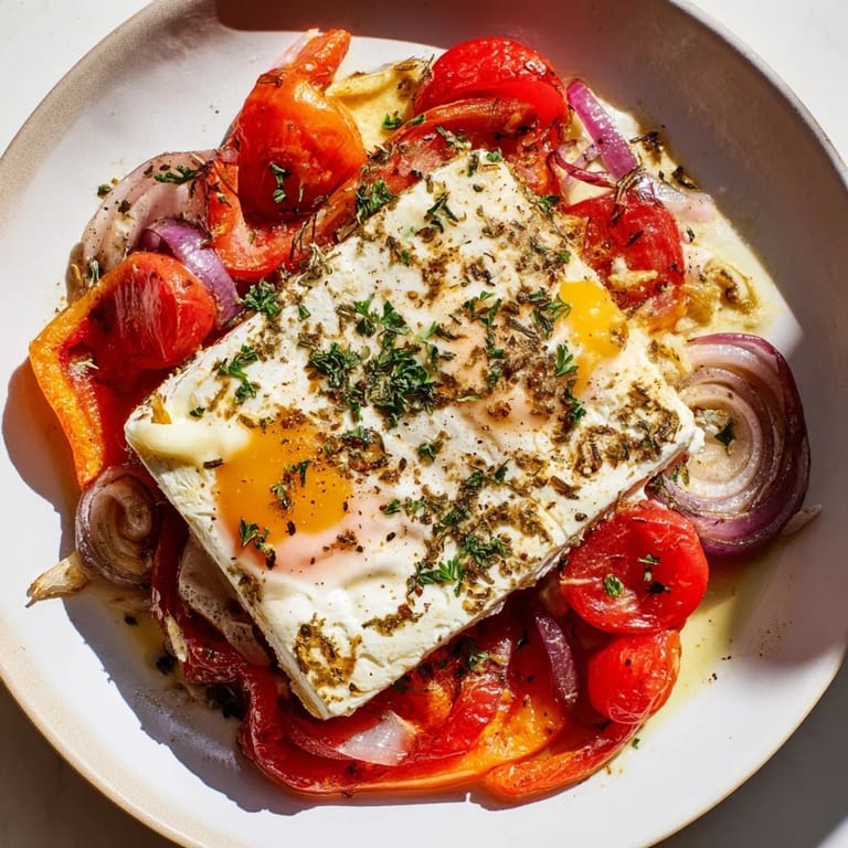Golden baked Mediterranean Feta & Eggs, served with fresh herbs, ready for a delicious brunch shared.
