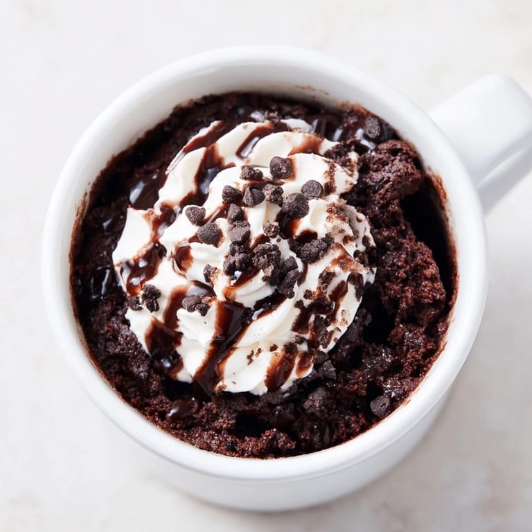 Steaming hot Oreo mug cake, topped with whipped cream, delivering a delightful chocolatey experience.