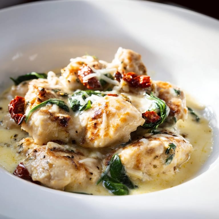 A hearty and delicious plate of Creamy Tuscan Chicken, ready to be served with crusty bread and wine.