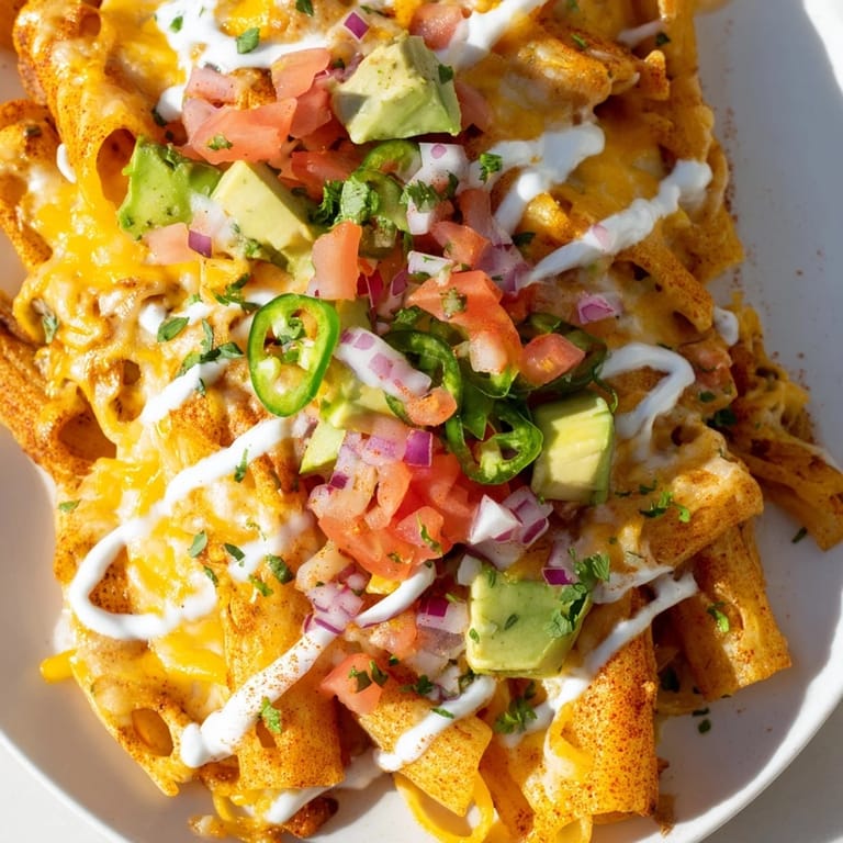 A close-up of cheesy baked pasta chips nachos, perfect for an appetizer or game day snack.