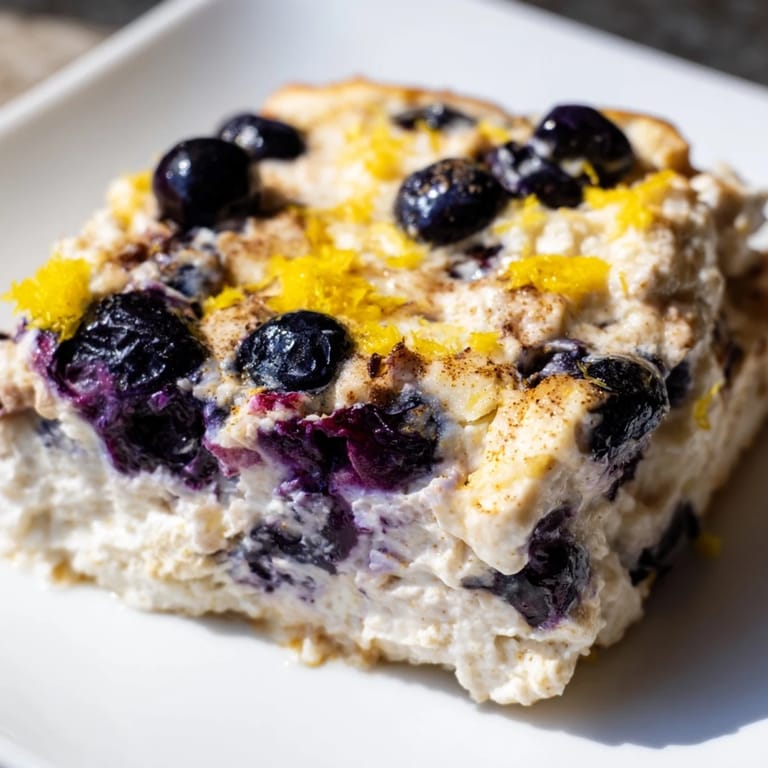 Freshly baked Blueberry Cottage Cheese Bake, served warm, promising a creamy and fruity delight.