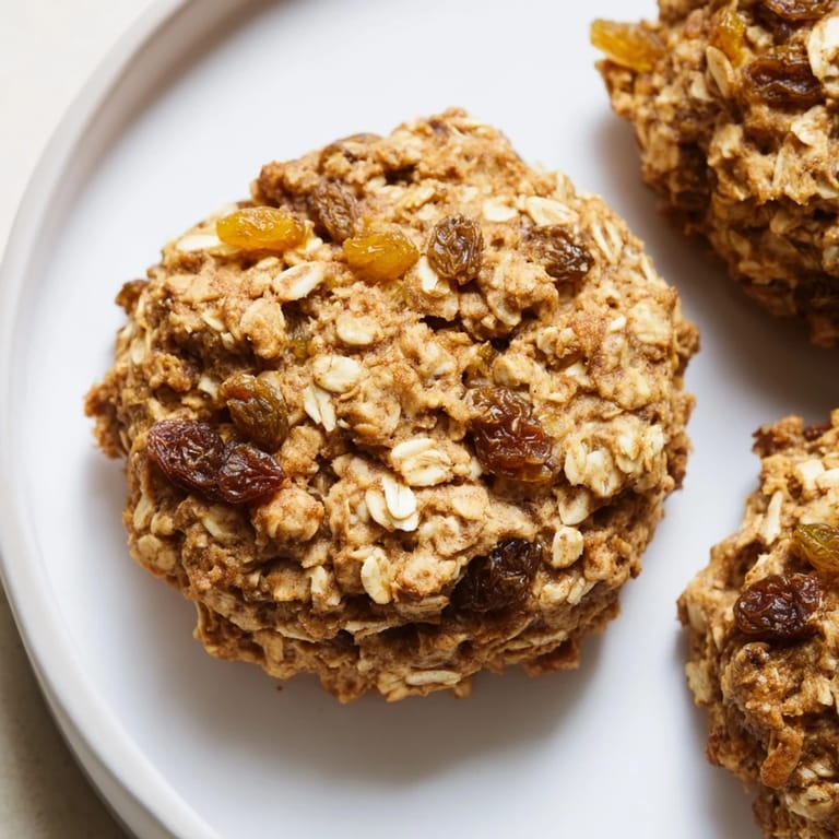 Enjoy a morning treat: freshly baked oatmeal raisin breakfast cookies with visible raisins and golden edges.