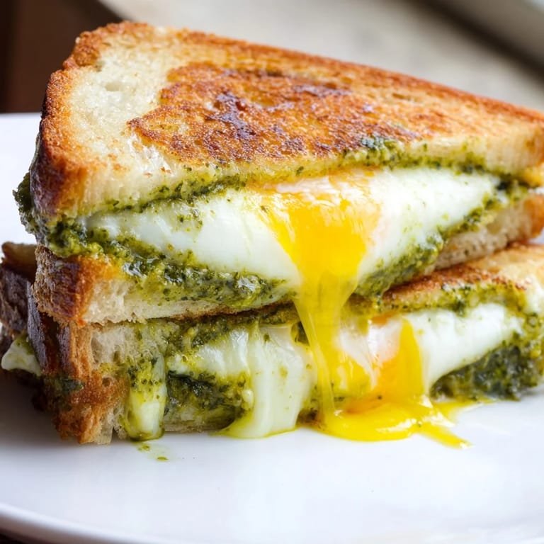 A close-up of a flavorful pesto egg grilled cheese, ready to enjoy with a melty cheese filling.