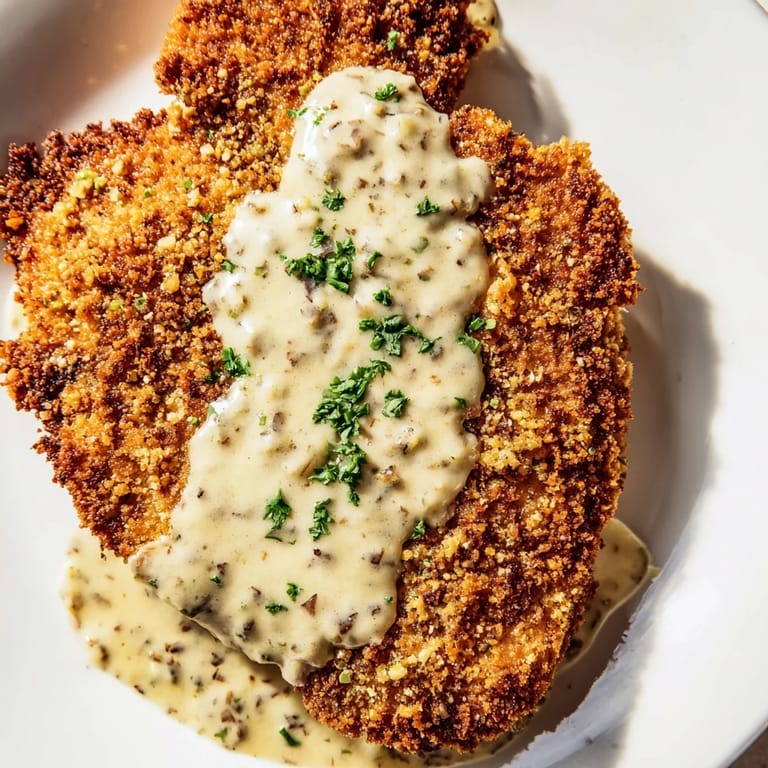 Delicious crispy chicken with garlic cream sauce, drizzled over beautifully pan-fried chicken breasts.
