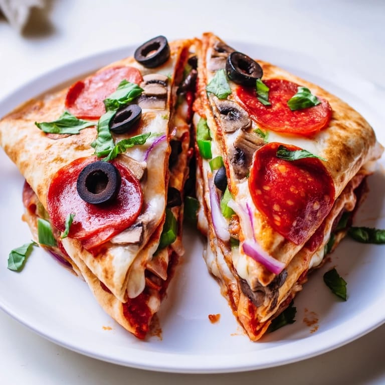 Crispy-edged Tortilla Pizza Wrap, showcasing folded layers with a medley of colorful toppings and bubbling cheese inside.