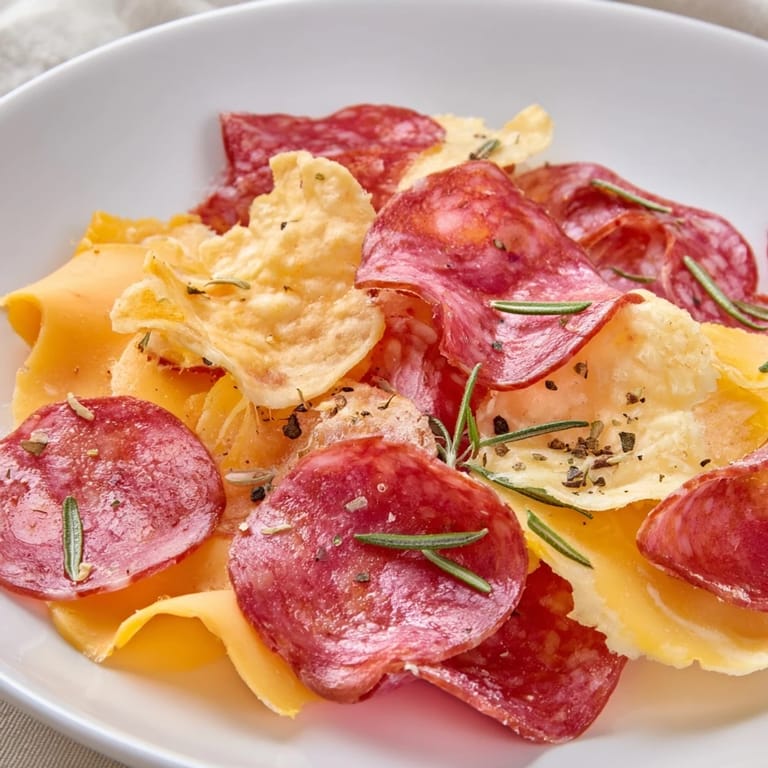 A close-up shot of baked charcuterie chips, the perfect low-carb party appetizer.
