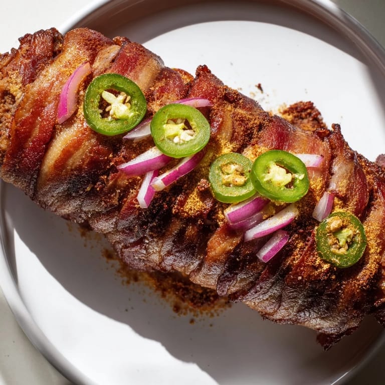 A close-up of a sizzling Mexican Hot Dog, showcasing the savory ground beef and bacon.