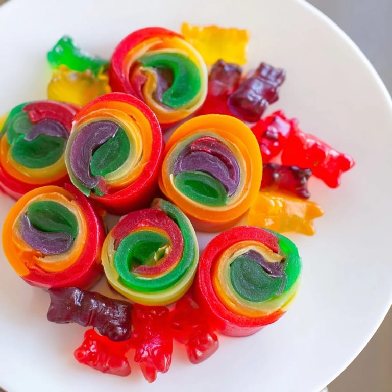 See the bright layers of chewy Rainbow Candy Roll Ups, perfect for a cheerful and sweet snack.