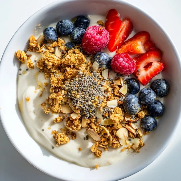 A visually appealing Dry Yogurt Bowl layered with granola, full berries, a healthy protein breakfast.