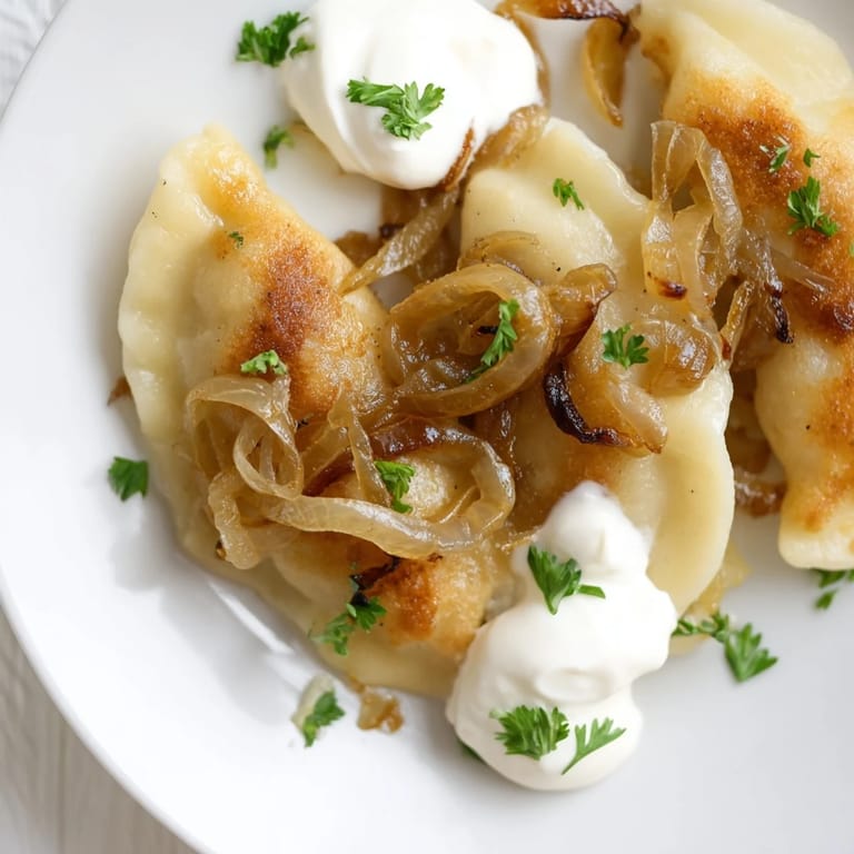 Delicious close-up of handmade Polish pierogi, showcasing the potato and cheese filling and perfect golden crust.