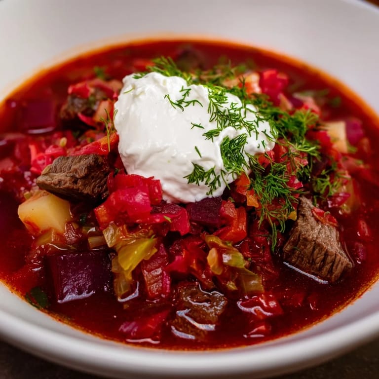Deep red Ukrainian Borscht Soup with tender beef and vegetables, served with a dollop of fresh sour cream.