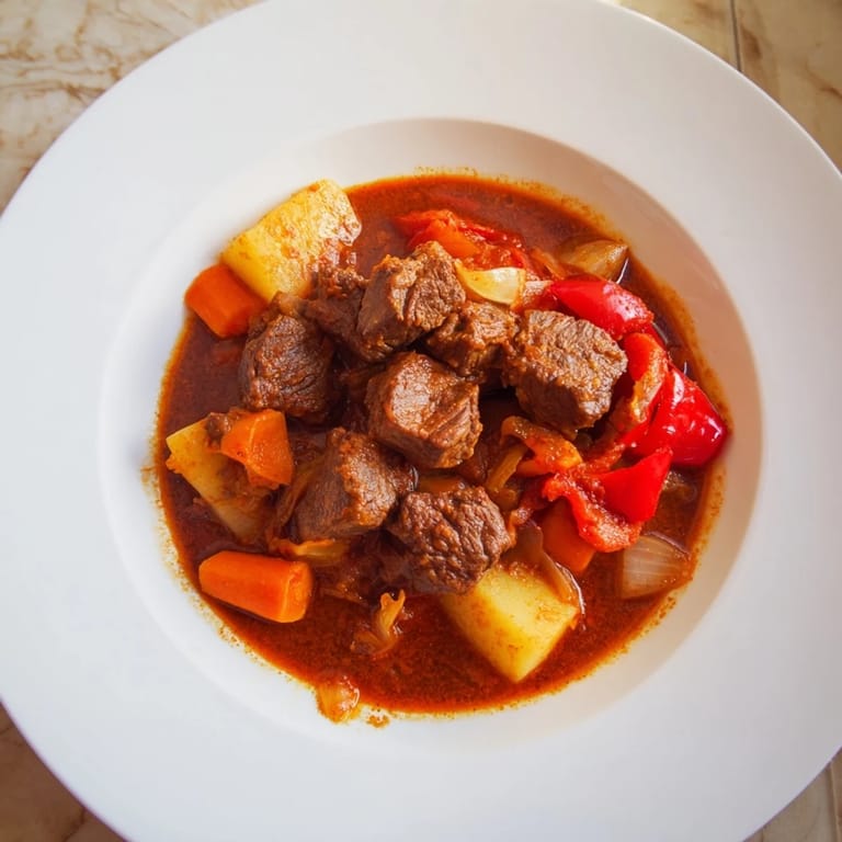 Thick and savory Hungarian Goulash Stew, a comforting dish with rich, paprika-infused broth and chunks of beef.