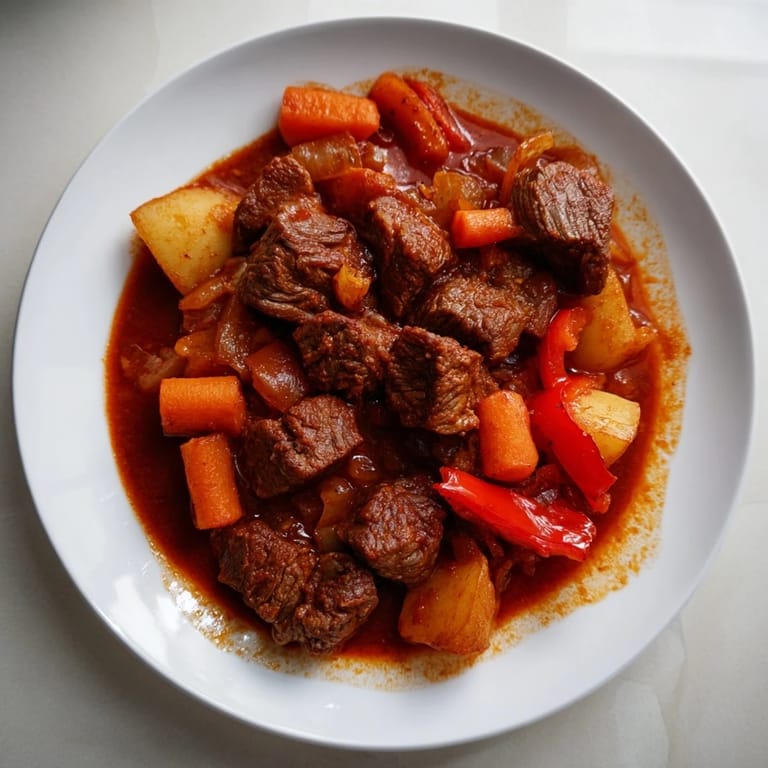 Close-up of a bubbling pot of Hungarian Goulash Stew, ready to serve with crusty bread for a flavorful meal.