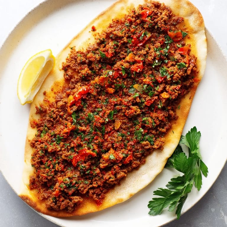 Close-up of a delightful Turkish Lahmacun, showcasing spicy meat topping and vibrant herbs.