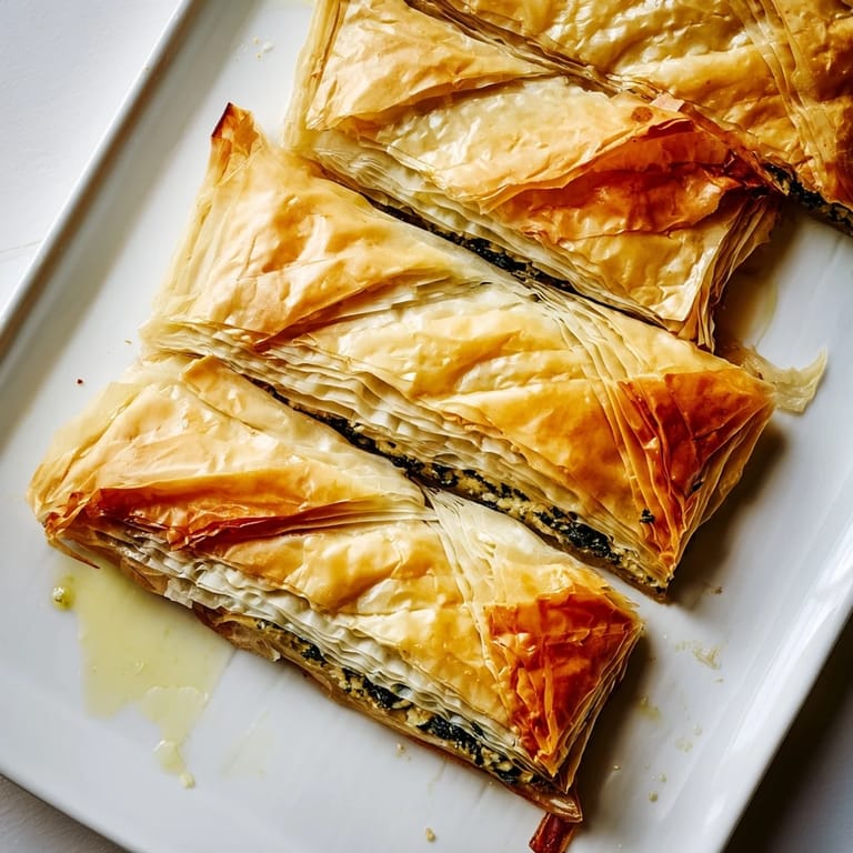 Fluffy layers of phyllo pastry encase the spinach and feta filling in this savory Greek spanakopita.