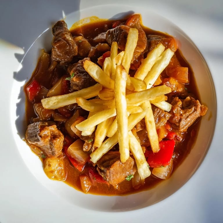 A close-up of Czech Goulash: Richly flavored beef in a thick sauce with crunchy potatoes.