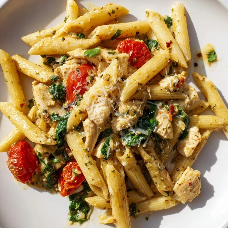 Bright skillet of lemon herb pasta chicken with golden chicken pieces, spinach, and tomatoes, ready to serve for four hungry people.