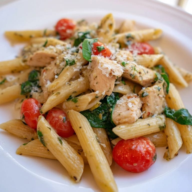 One-pan lemon herb pasta chicken steaming in a pan, garnished with fresh parsley and grated Parmesan for a simple weeknight meal.