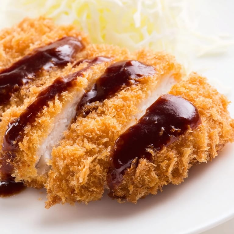 Juicy homemade Chicken Katsu, perfectly fried with crunchy panko and drizzled with savory-sweet tonkatsu sauce.  