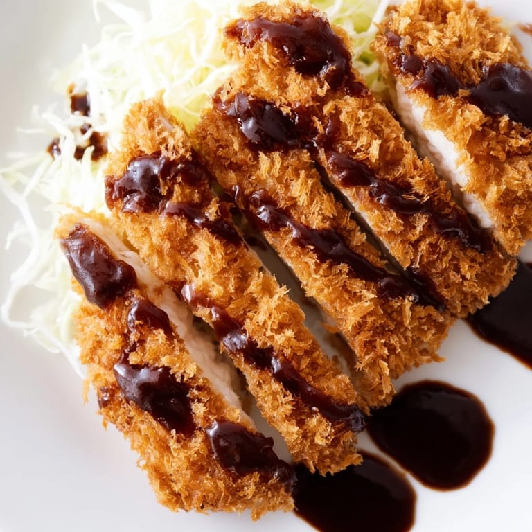A close-up of golden-brown Chicken Katsu cutlets with shredded cabbage, lemon wedges, and rich dipping sauce.