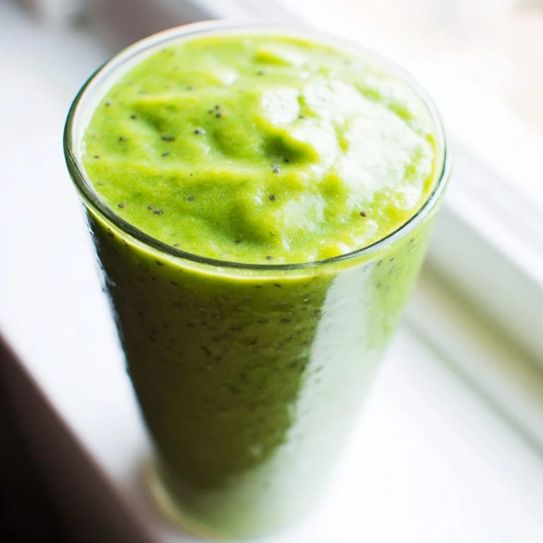 Tropical spinach-hidden smoothie with chia seeds, served chilled with a banana slice on the rim.