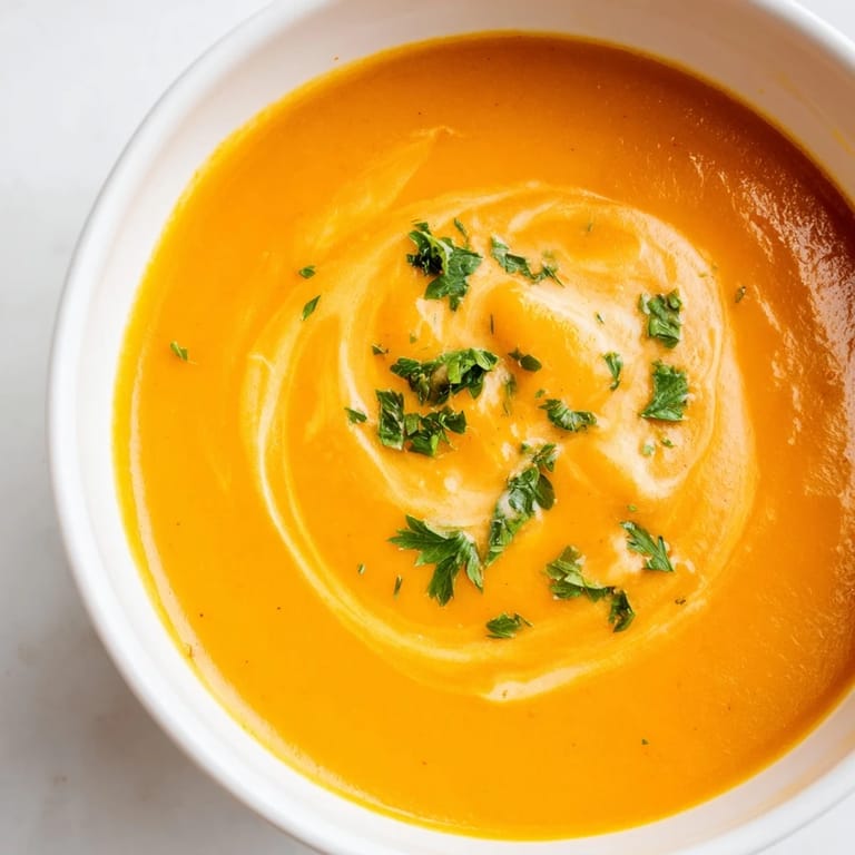 Velvety Carrot-Based Creamy Soup steaming in a white bowl, topped with a delicate cream swirl.